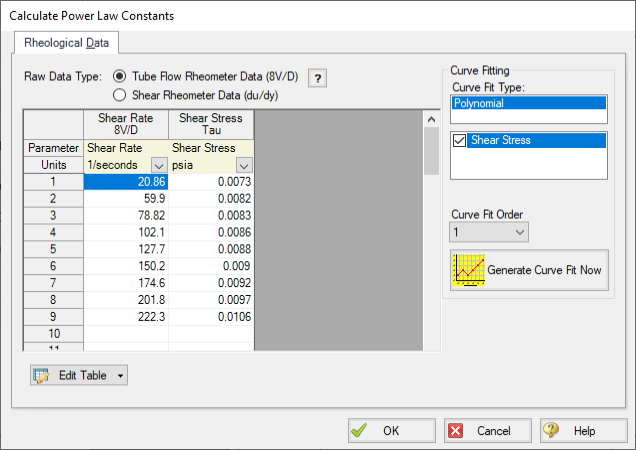 The Calculate Power Law Constants window with rheological data entered into a table.